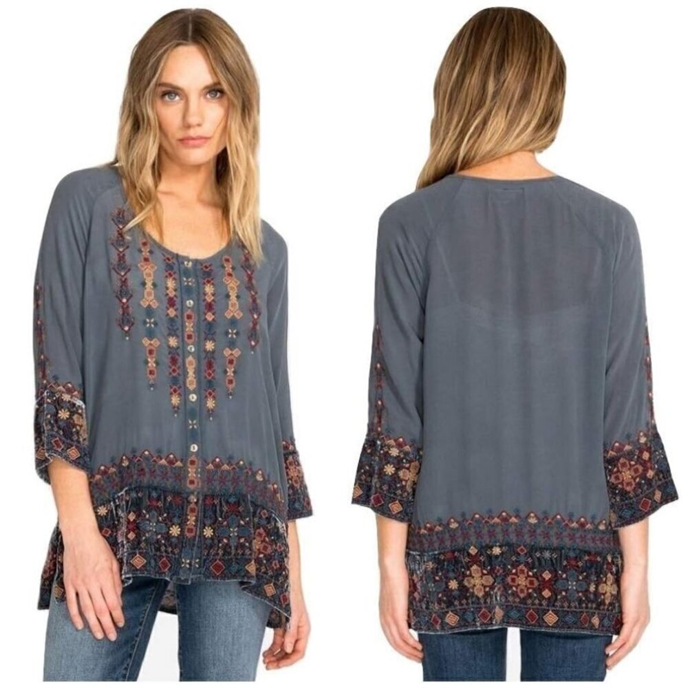 💕JOHNNY WAS WORKSHOP💕 Vika Velvet Mix Blouse ~ 100% Silk PEW Small